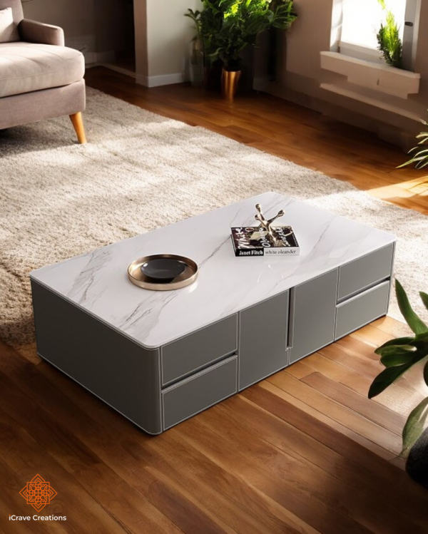 Rectangular Stone Top Modern Coffee Table with Gray Pedestal Base and Storage Drawers