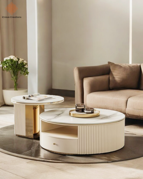 Modern Chic Round Nesting Coffee Table with Storage White Stone Coffee Table