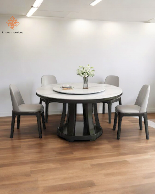 Modern 4 Seater Round Dining Table with Lazy Susan Slate Stone Table Top with Wood Base Pedestal Dining Table