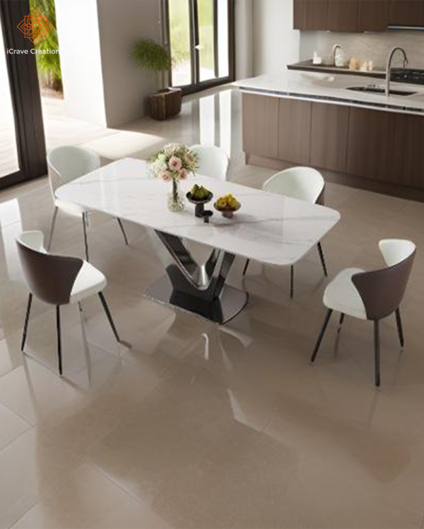 Modern dining table with V-Shape Carbon Steel Pedestal
