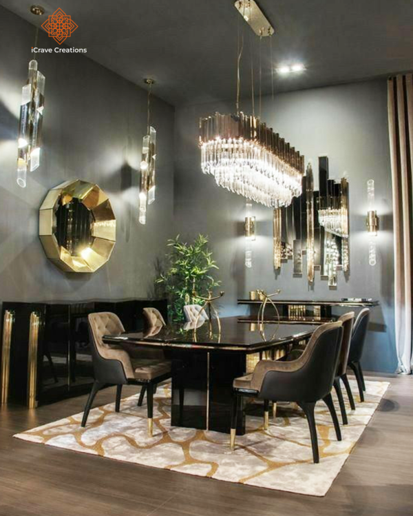 Black Modern 6 seater Dining Table with Glass Top and 6 Modern Chairs