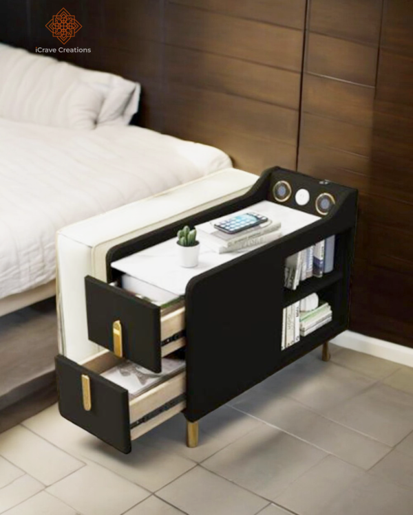 Modern Multifunctional Narrow Side Table, Sintered Stone Top End Table Speaker & USB Port